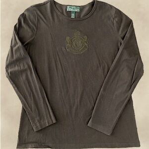 LAUREN ACTIVE RALPH LAUREN Long Sleeved Crewneck Shirt Royal Crest Size L Brown